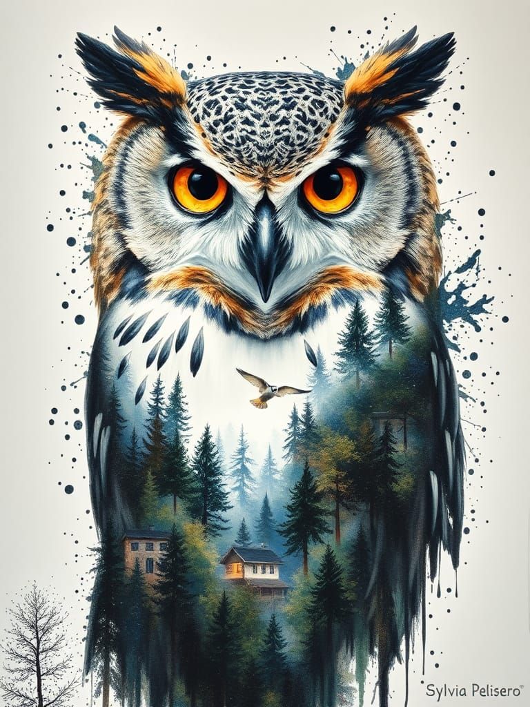Owl Forest Transformation: Oil Pastel Double Exposure