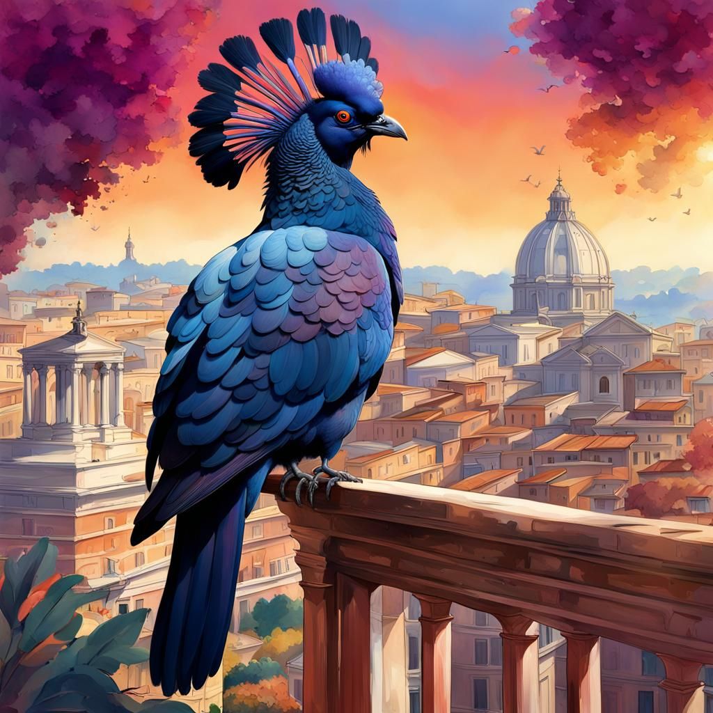 Victoria Crowned Pigeon Overlooking Rome: Hyperrealistic Dig...