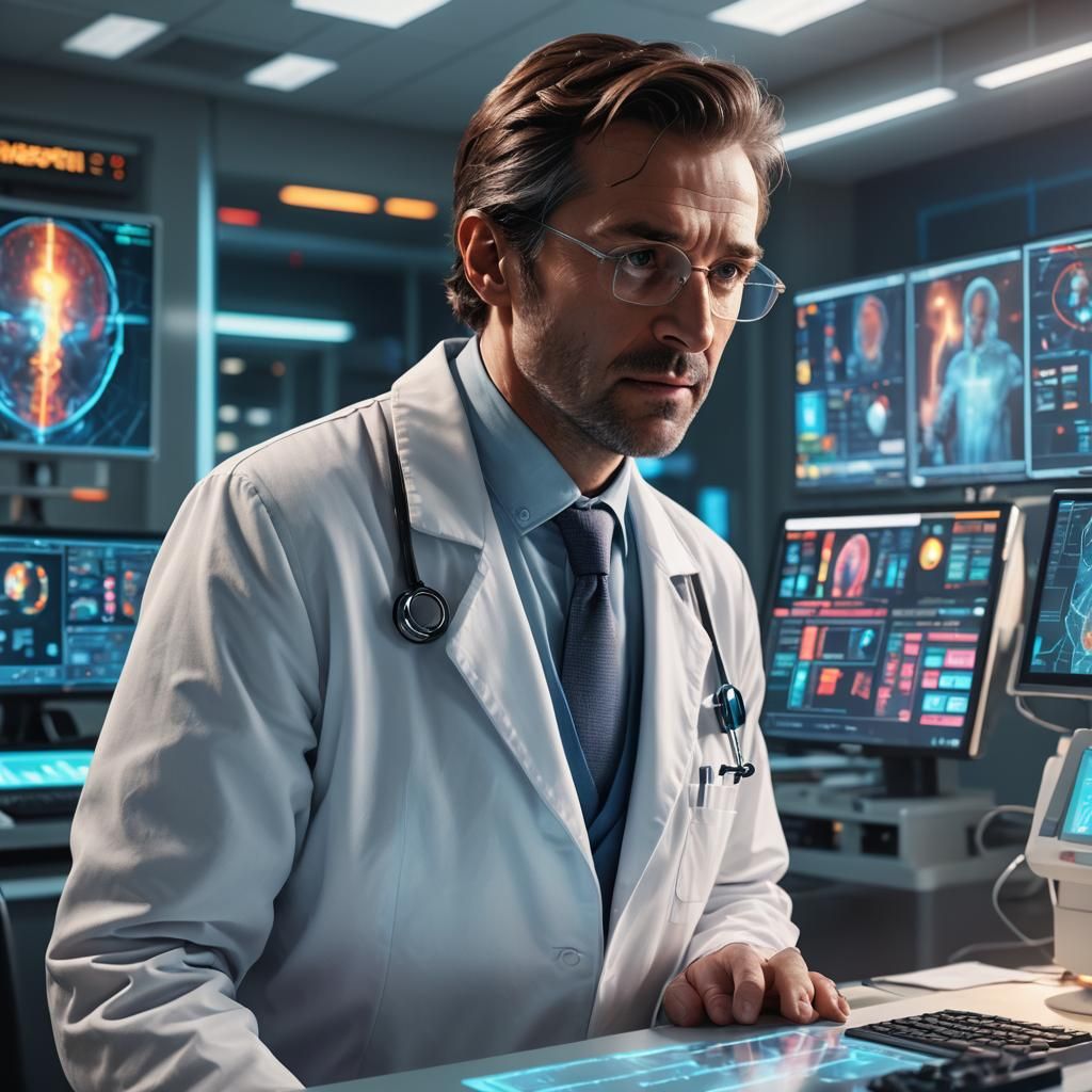 Doctor Examines Holographic Patient Scan in Futuristic Hospi...