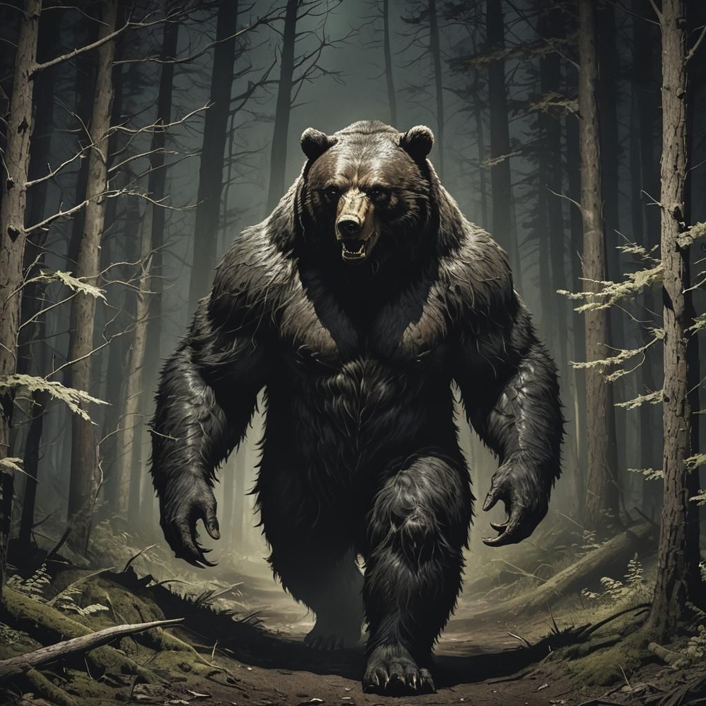 Demonic Bear-like Beast Stalks Forest at Night