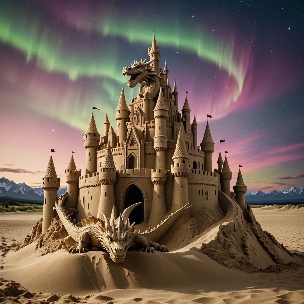 Sand Castle with Dragon and Aurora Borealis