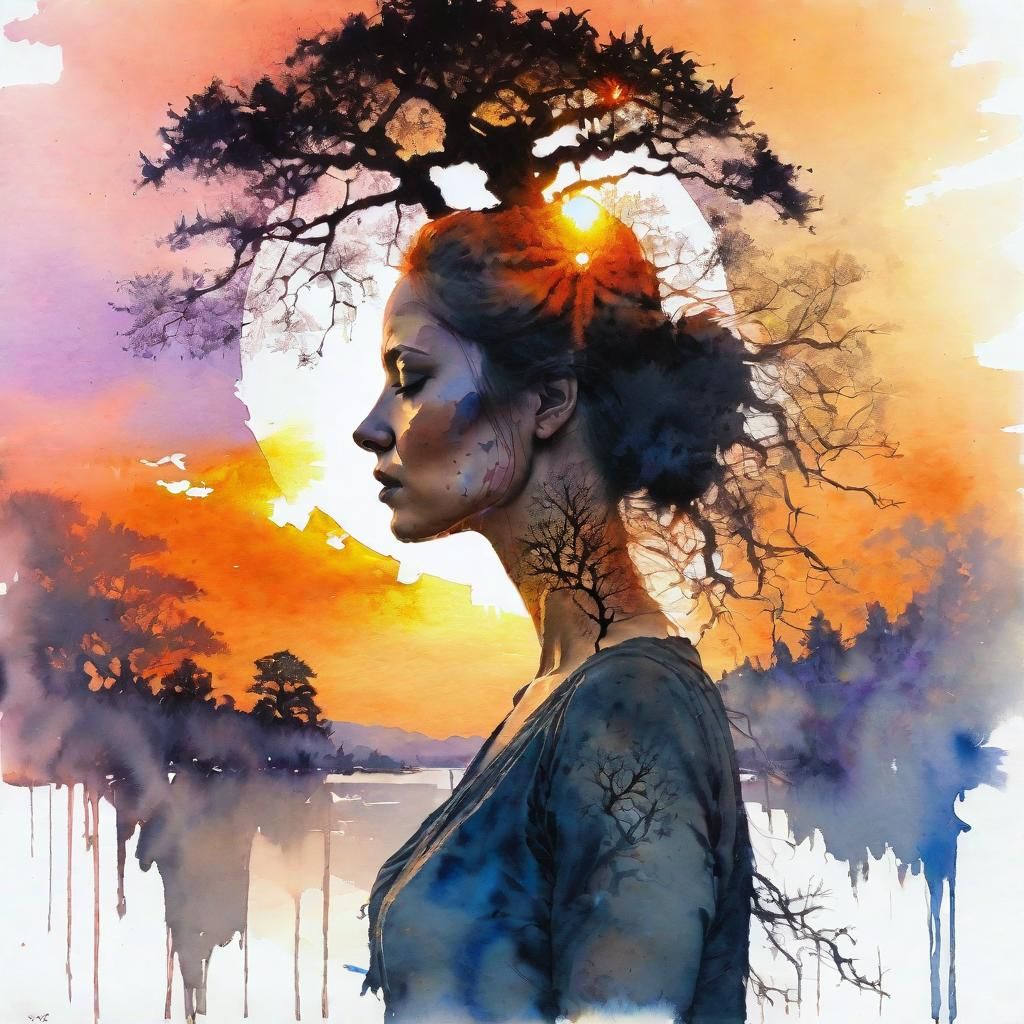 Woman and Tree of Life Double Exposure Watercolor