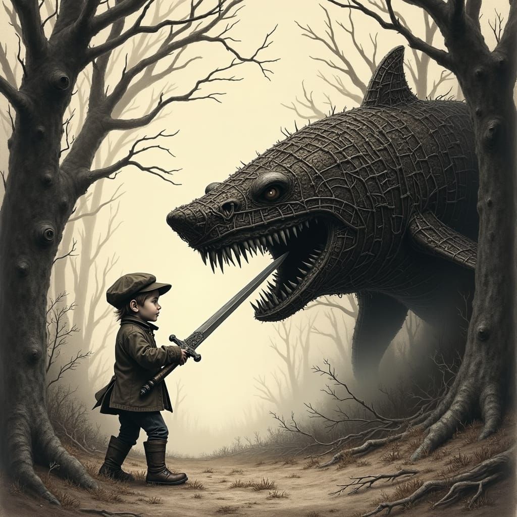 Boy vs. Wire Shark in Victorian Charcoal Drawing