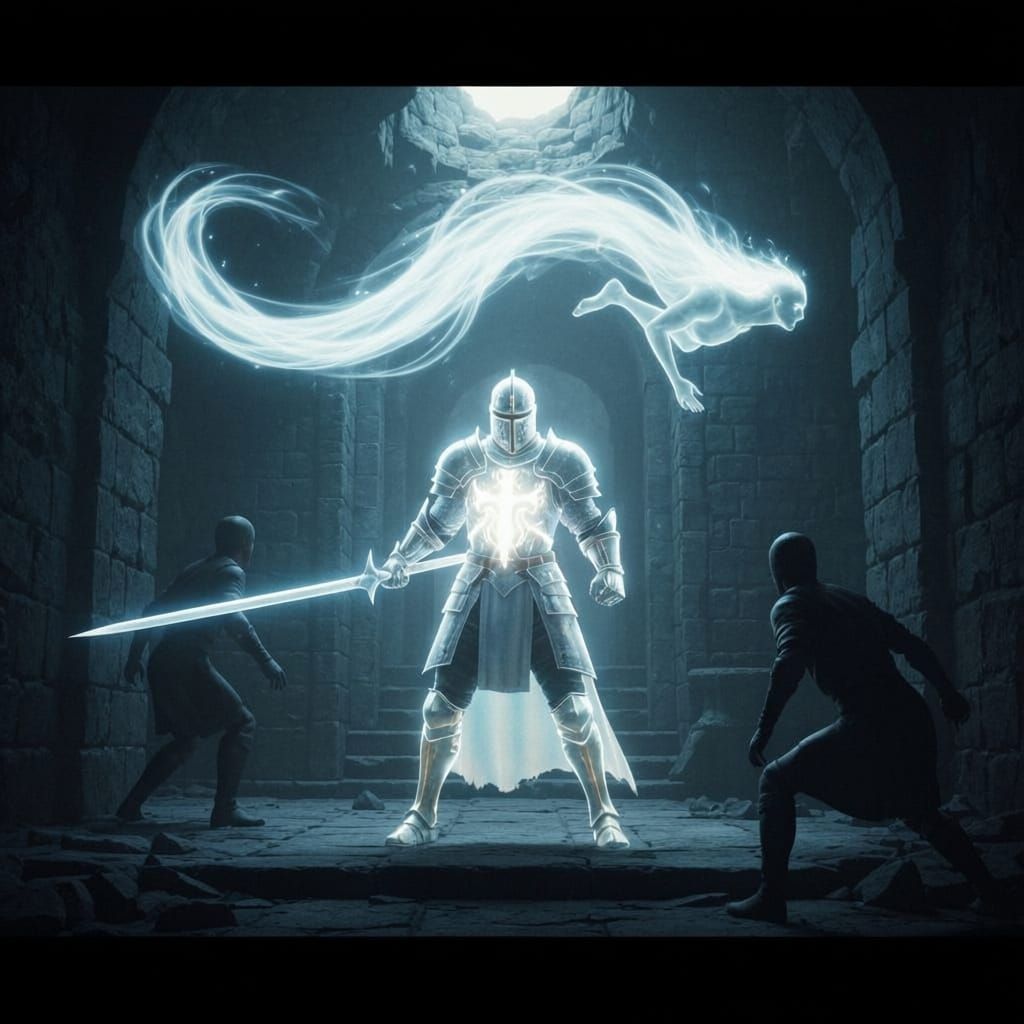 Epic Light Warrior Defends Crumpled Figure in Stone Corridor