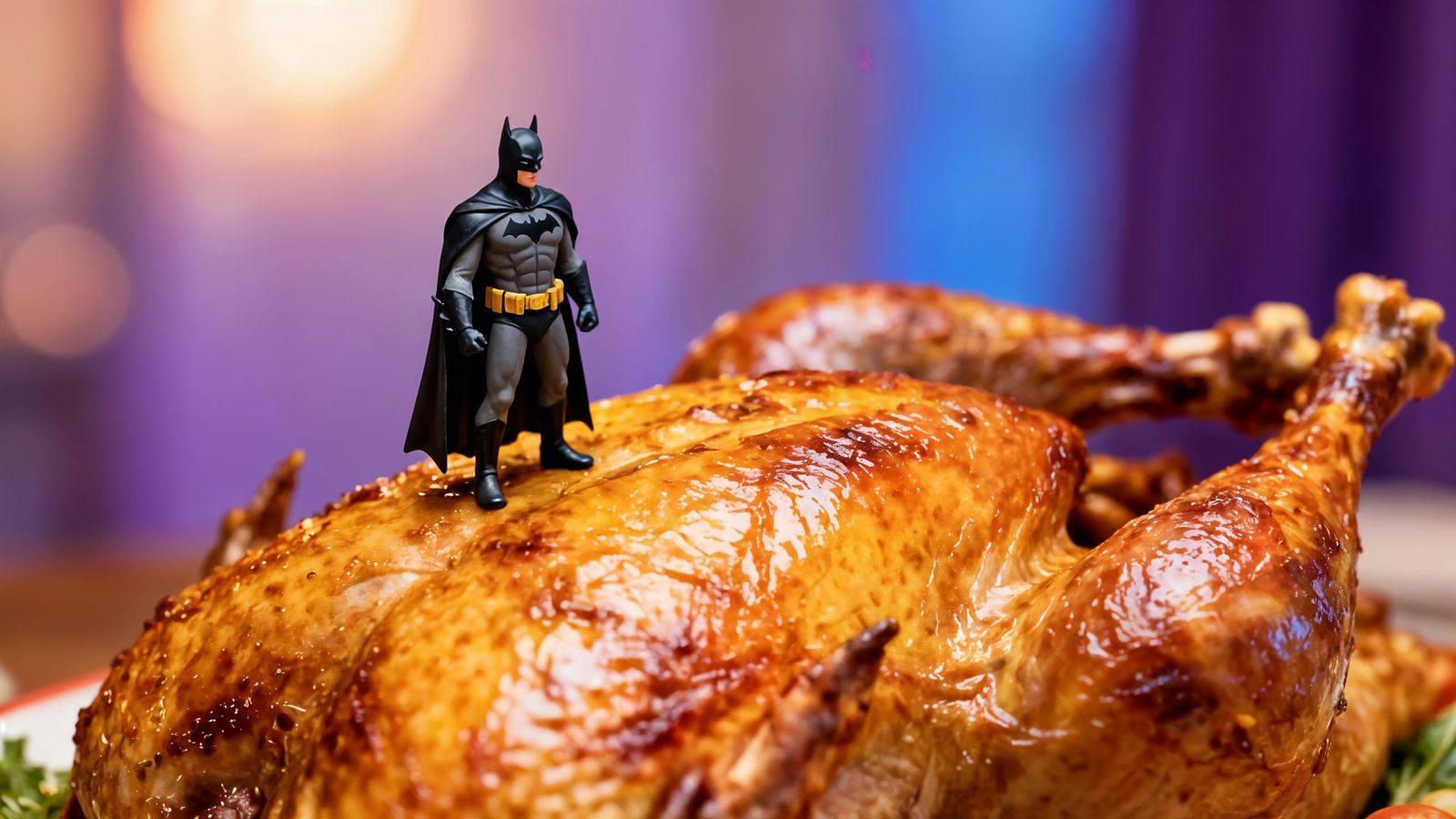 Batman Miniature on Giant Turkey, Whimsical Art Style
