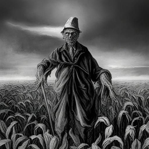 Horrific Scarecrow in Cornfield, Gothic Horror Style