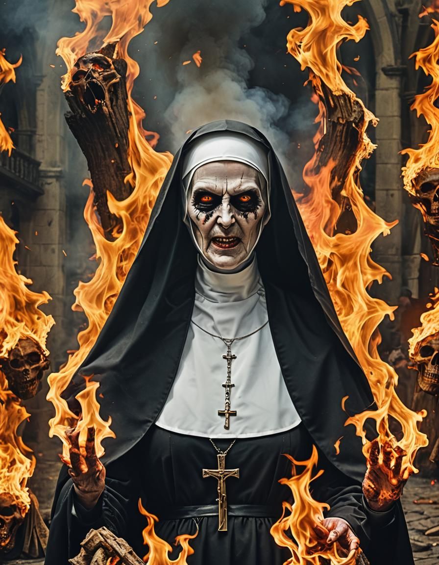 evil nun making fire magic