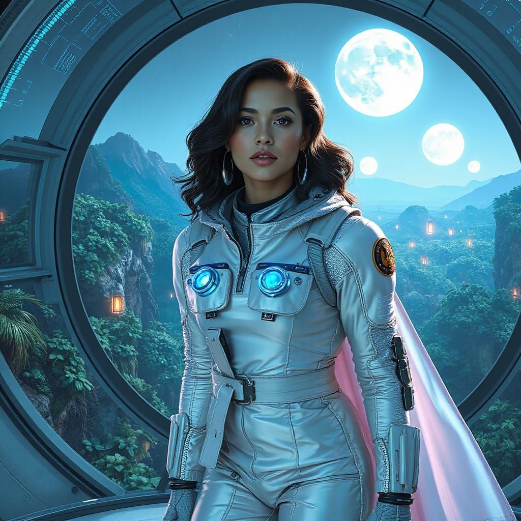 Latina Space Explorer in Pearlescent Suit Contemplates Terra...