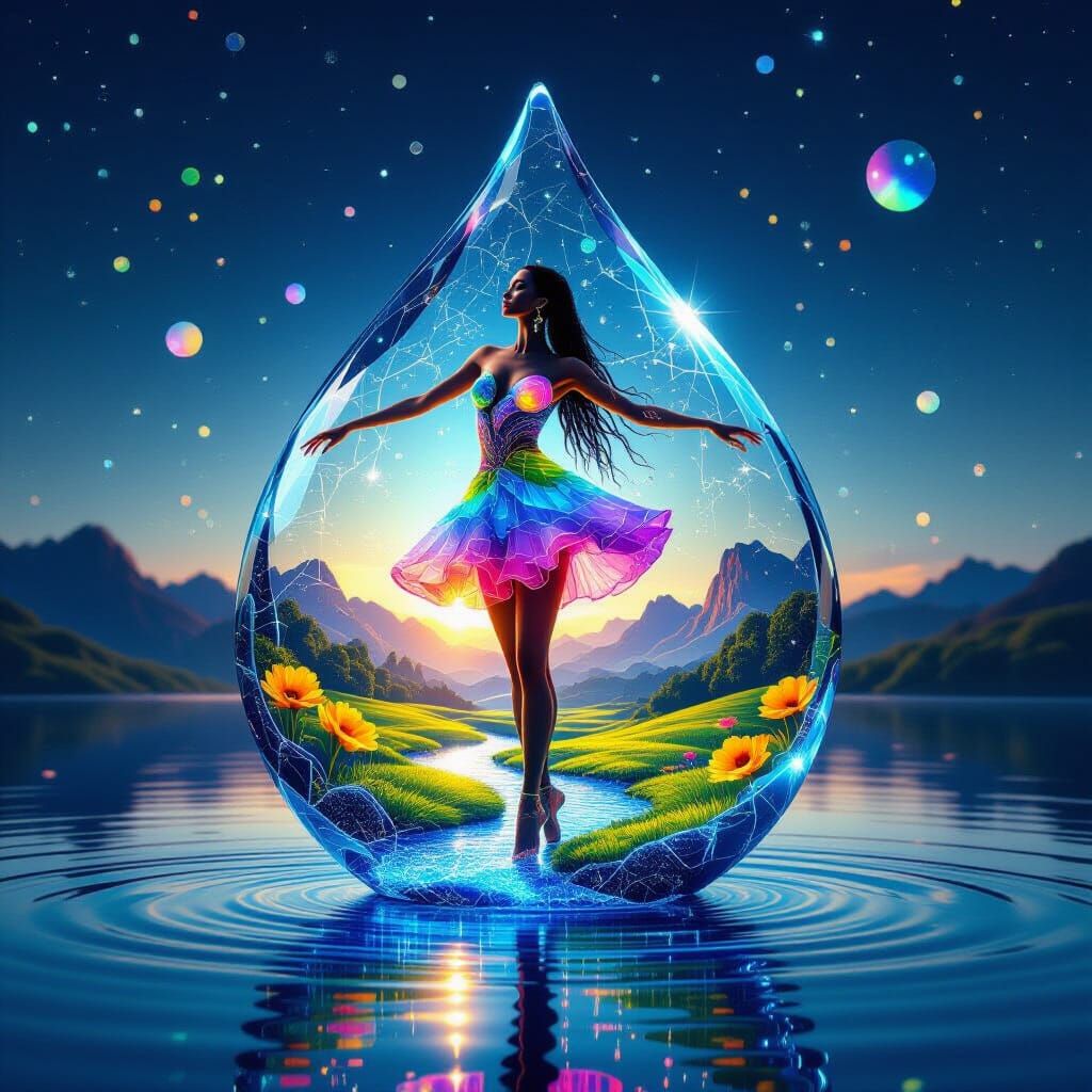 Abstract Cubist Aquadrop with Neon Inscriptions