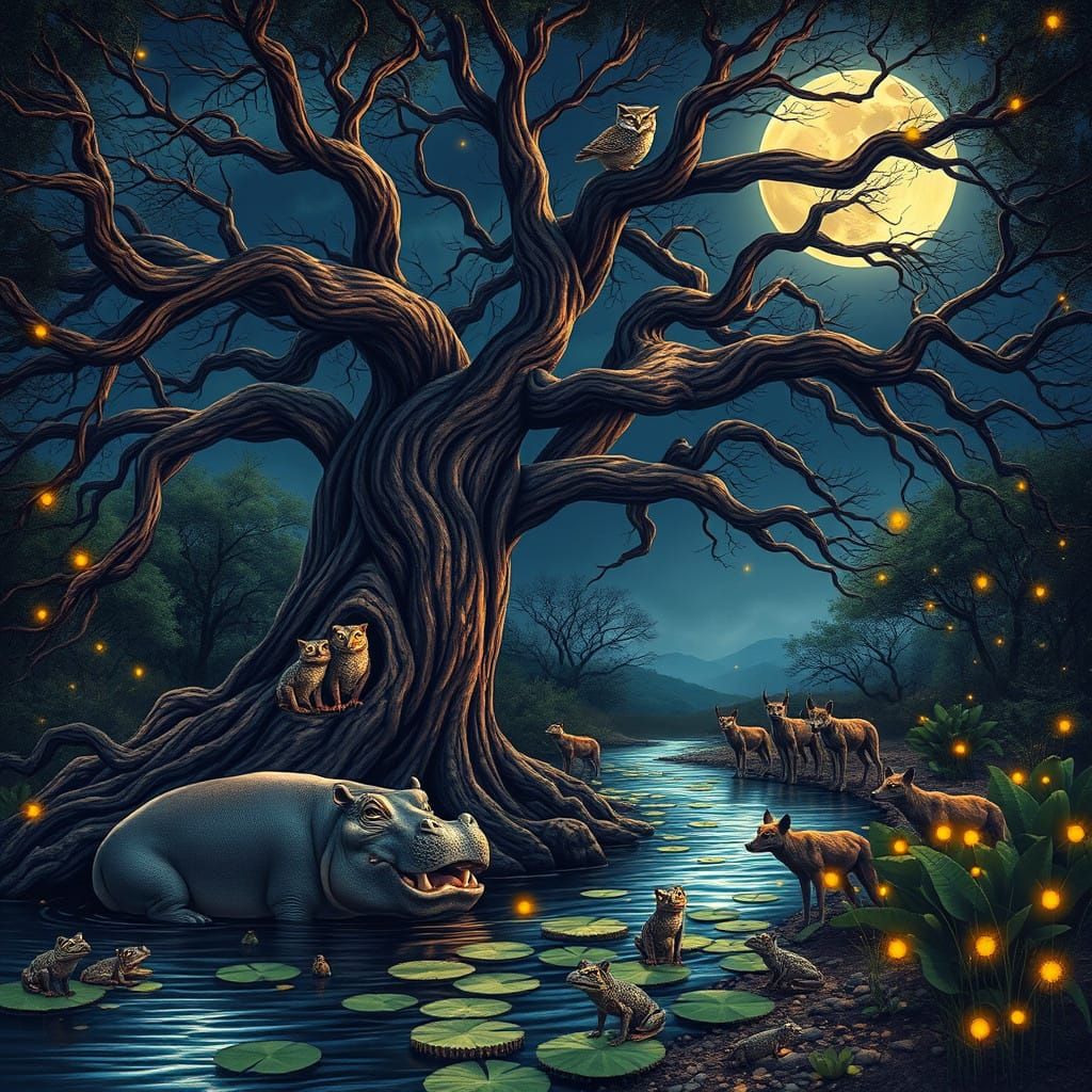 Luminous Bushveld Moonlit Dreamscape in Vibrant, Expressive...