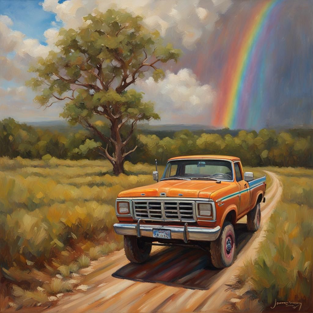 Rainbow Ford Ranger Truck Country Oil Painting