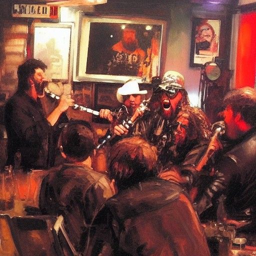 Outlaw Bikers Sing Karaoke: Oil Painting