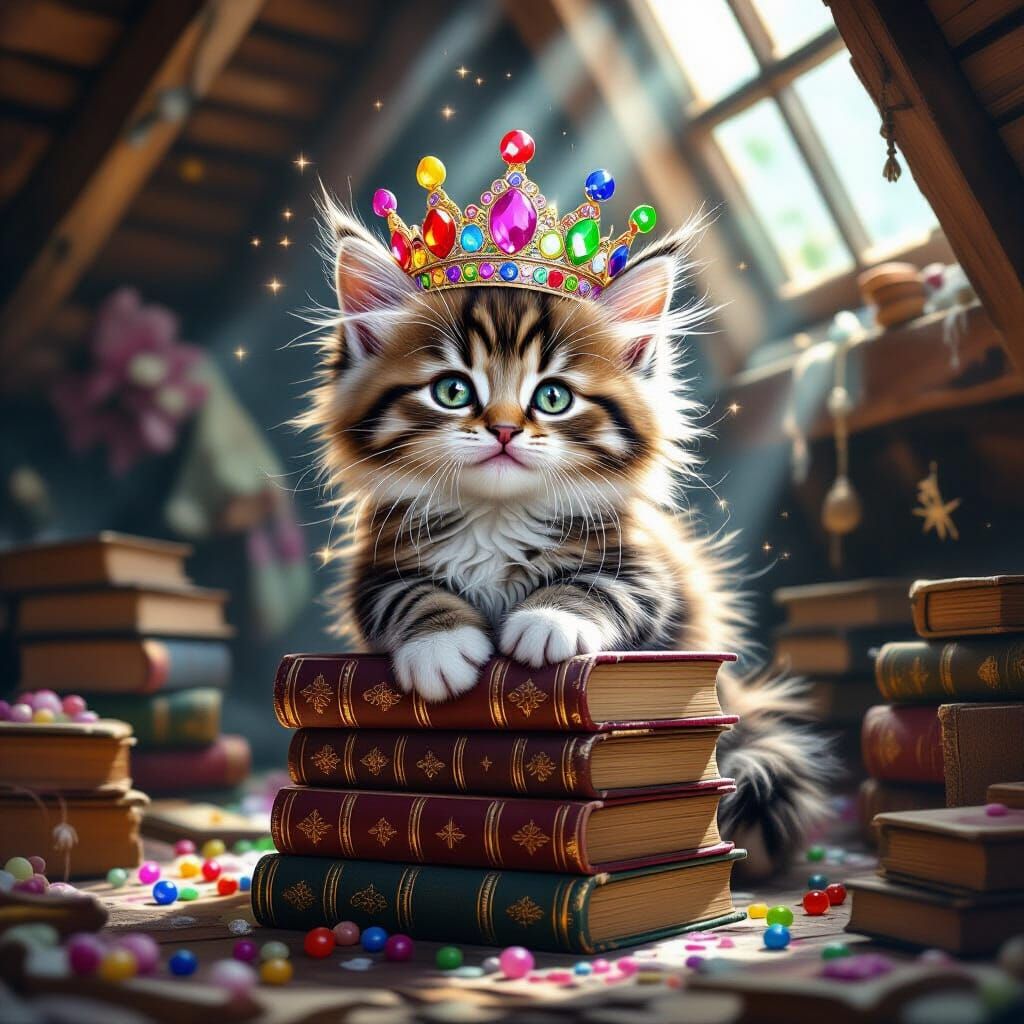 Whimsical Kitten King on Books in Dusty Attic