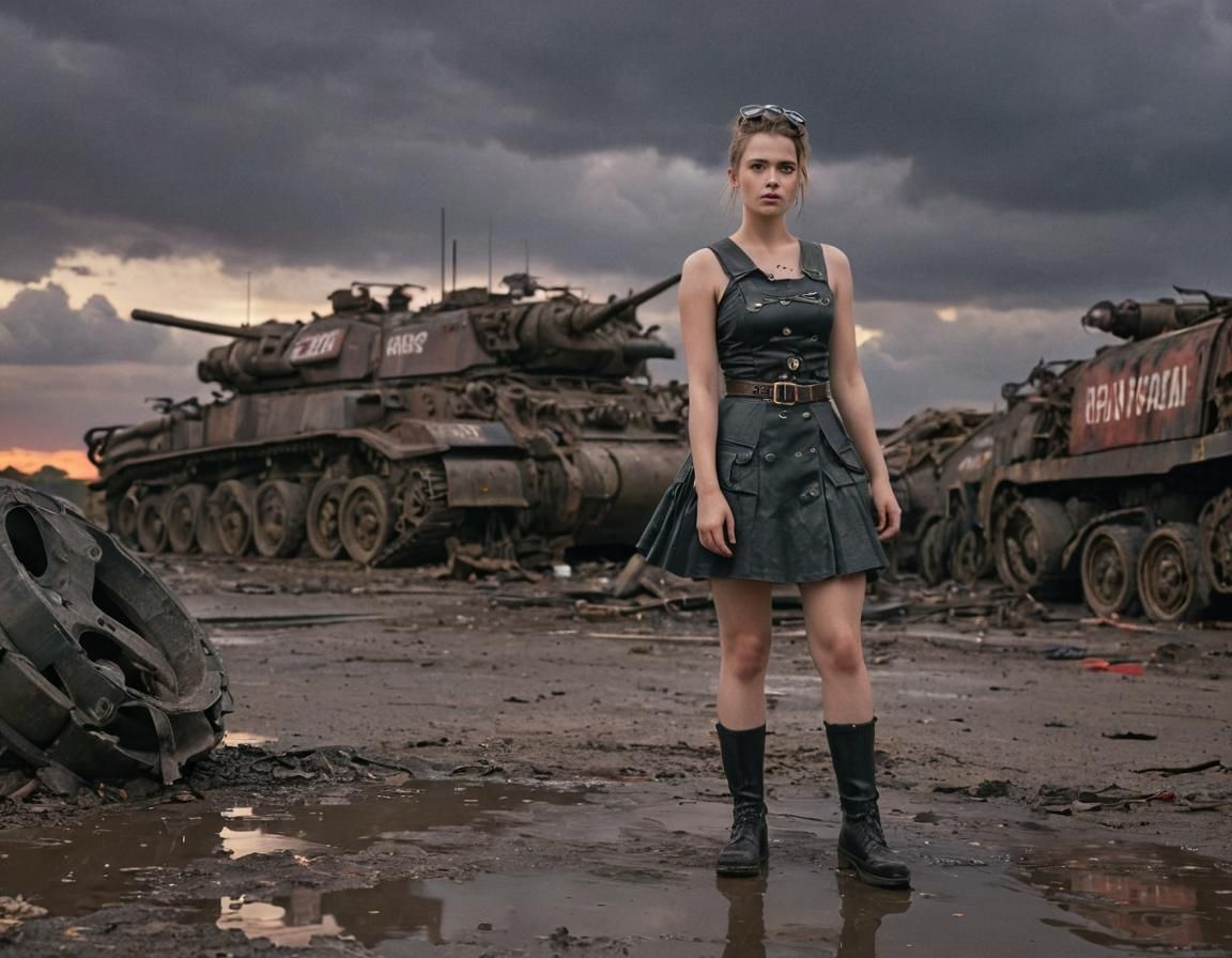 Dieselpunk Soldier Girl with Panzer Tank