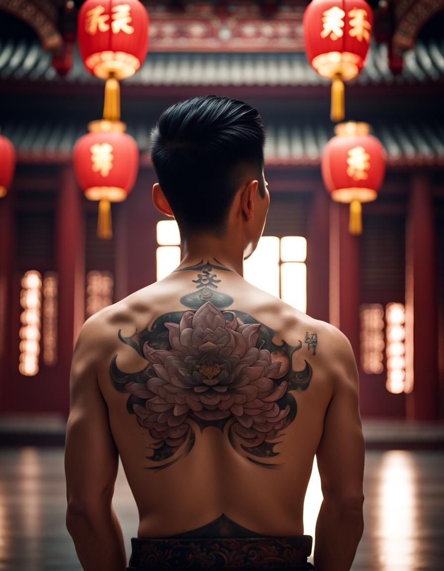 Young Man with Lotus Tattoo in Temple Interior