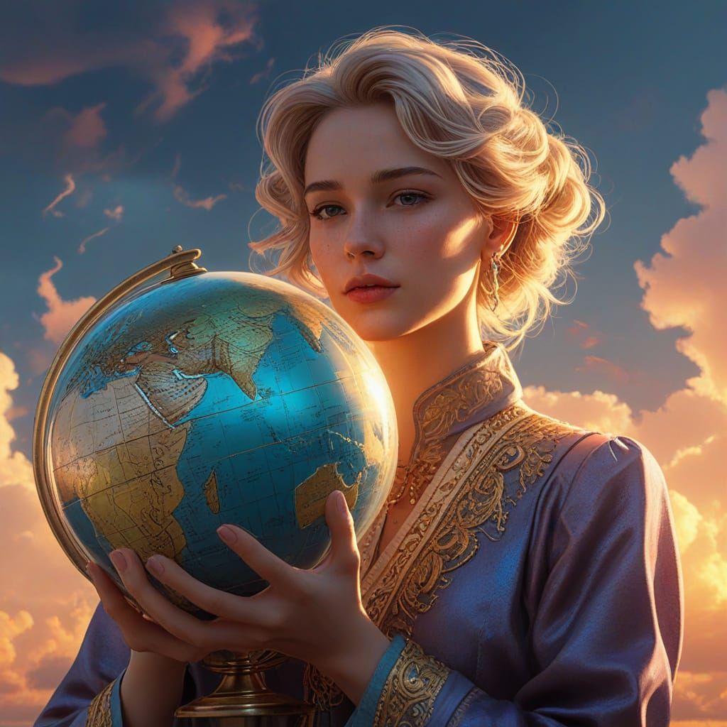 Woman with Globe in Neon-Lit Digital Art