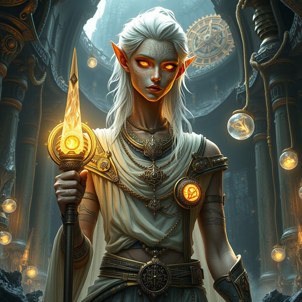 Majestic Cyborg Figure in Ancient Ruin