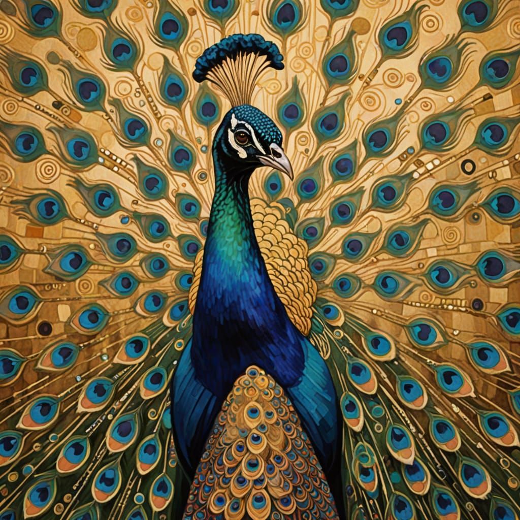 Flamboyant Peacock Portrait in Klimt's Golden Age Style