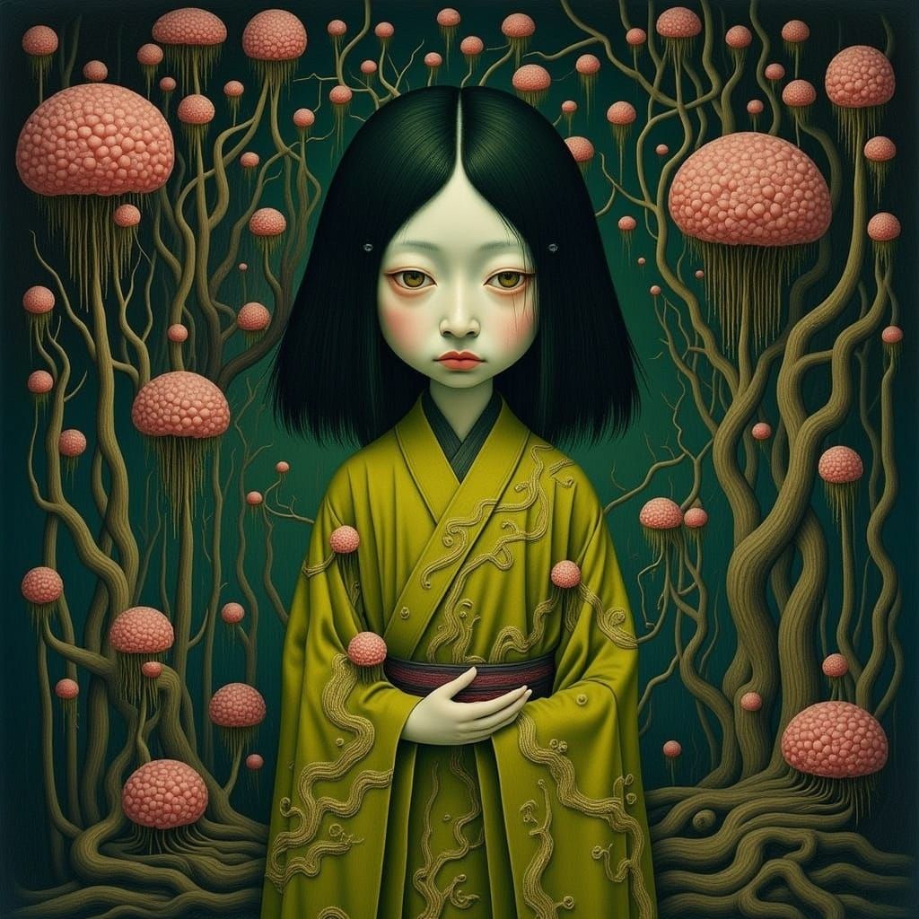 Surreal Dreamscape Ichimatsu-Ningyo in Chartreuse Kimono