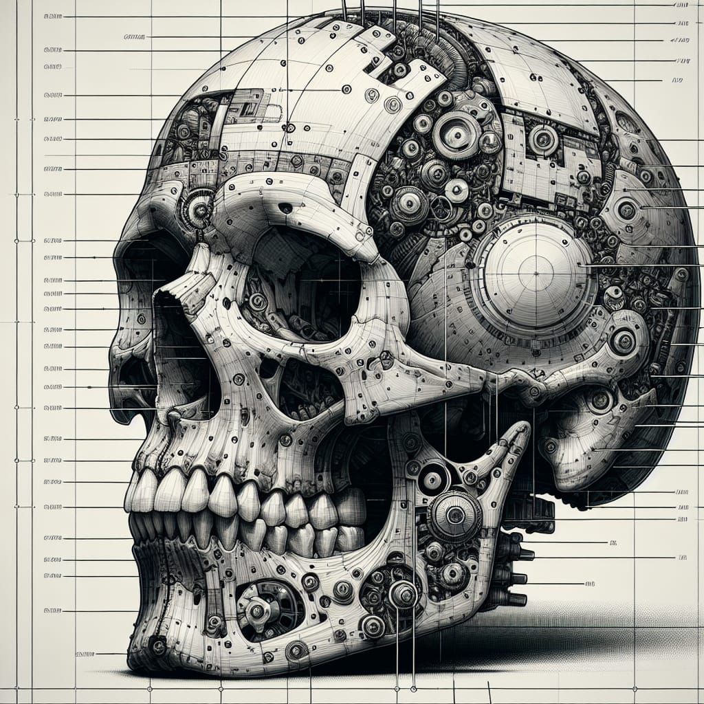 Anatomical Skull Technical Illustration in Pencil Sketch Sty...