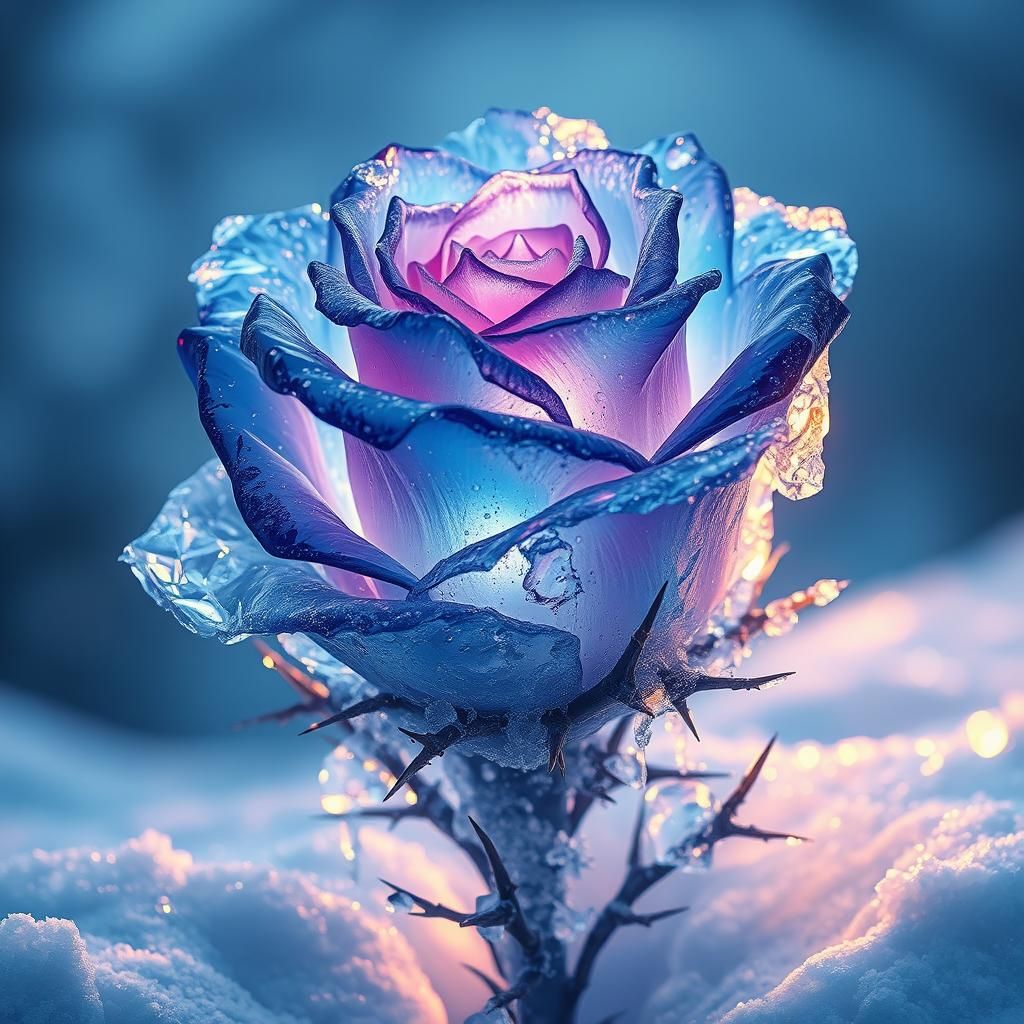 Frozen Blue Rose in Ice and Thorns