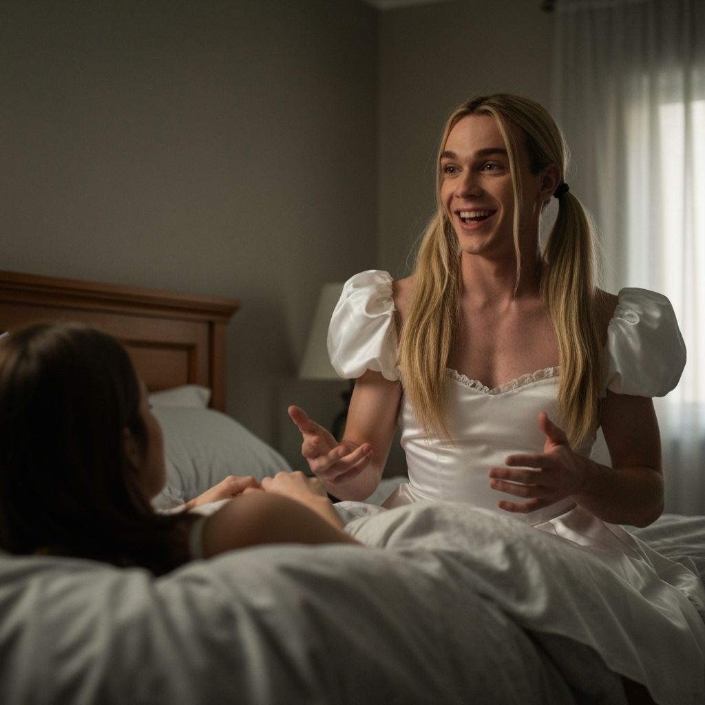Young Man in Bridesmaid Dress Chatting on Bed
