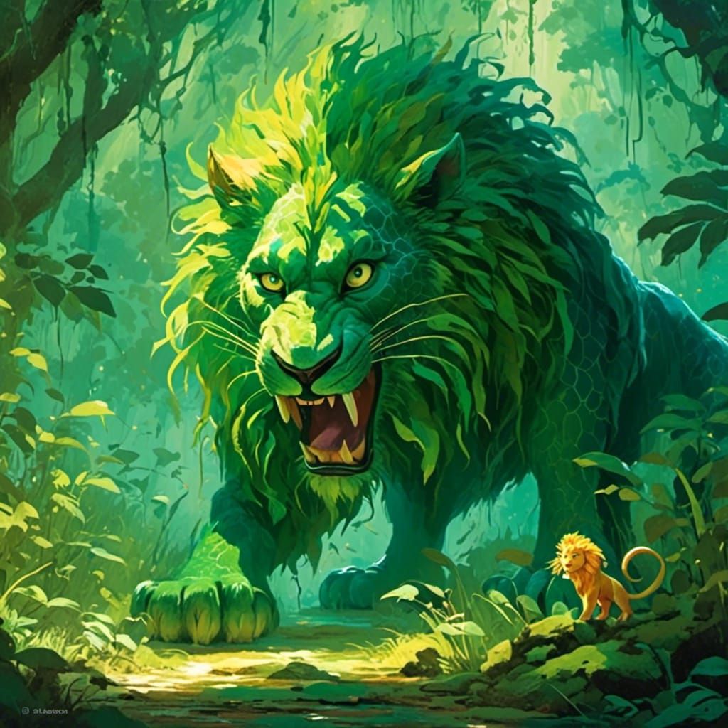 Lion with Snake Tail in Jungle, Disney Pixar Style