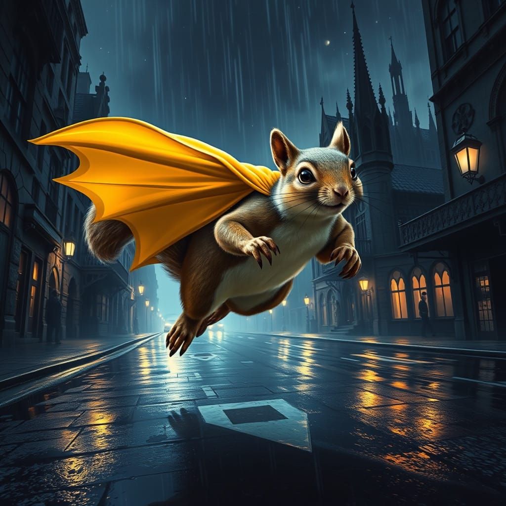Heroic Flying Squirrel in Hyper-Realistic Cityscape at Night