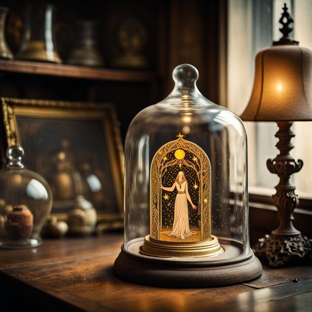 Ornate Tarot Card in Bell Jar with Gold Leaf