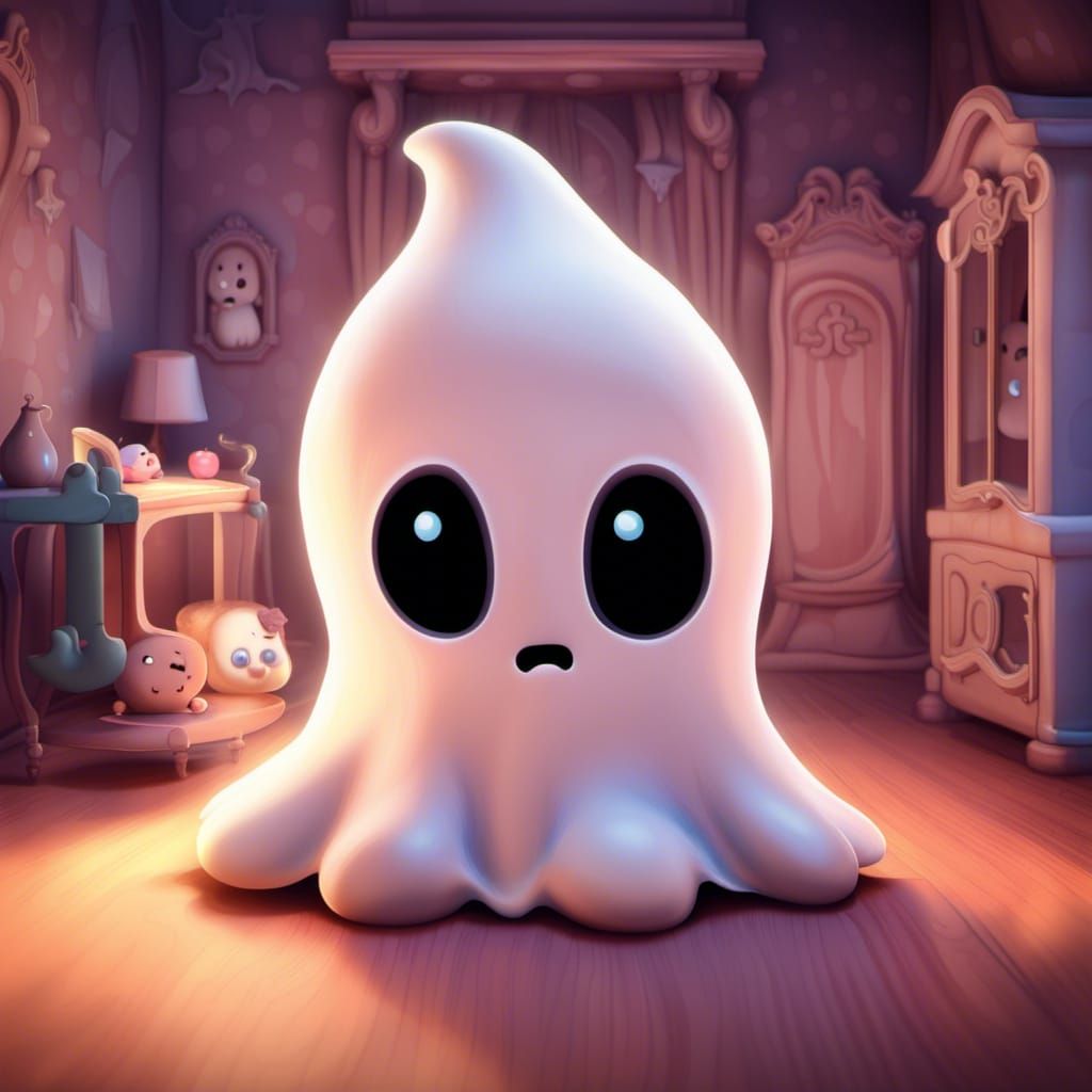 Adorable Chibi Ghost in Gothic Bedroom: Pixar Style