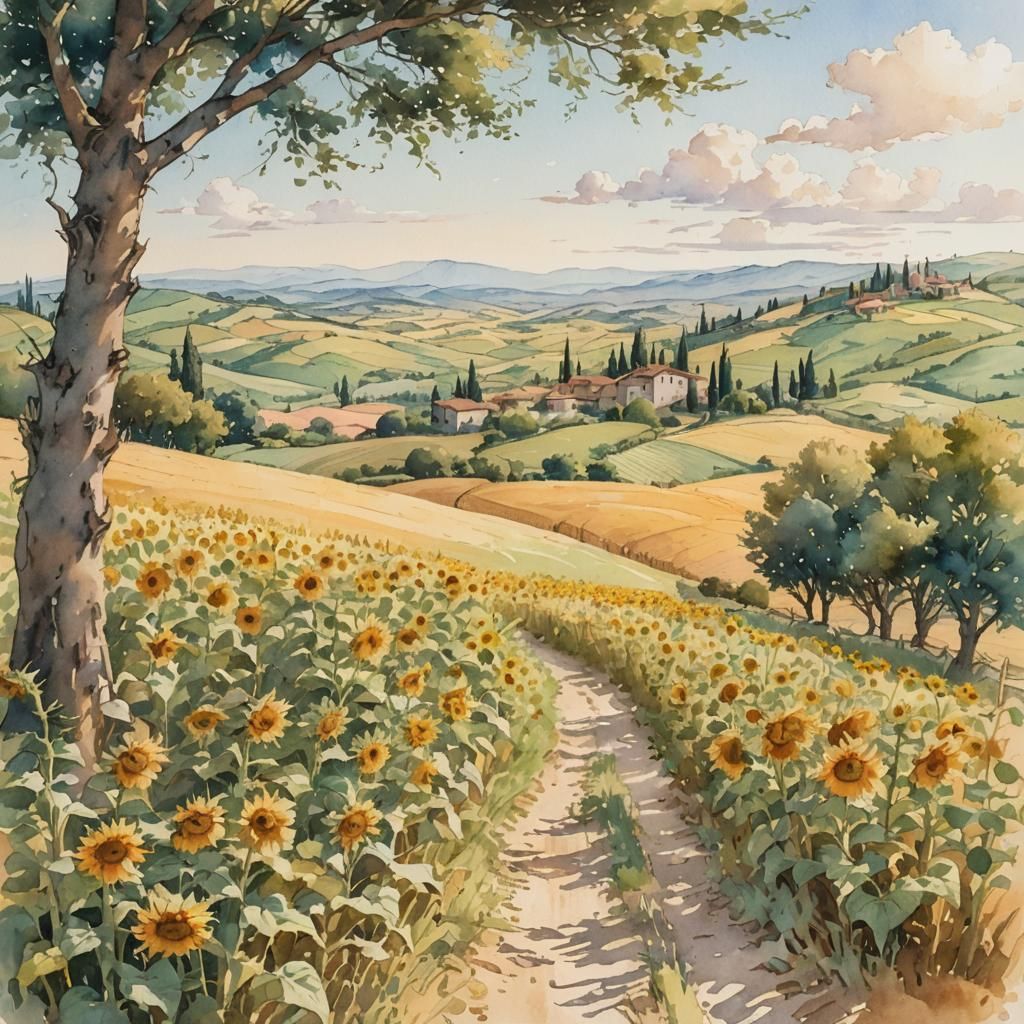 Tuscan Sunflower Field Watercolor in Anime Style