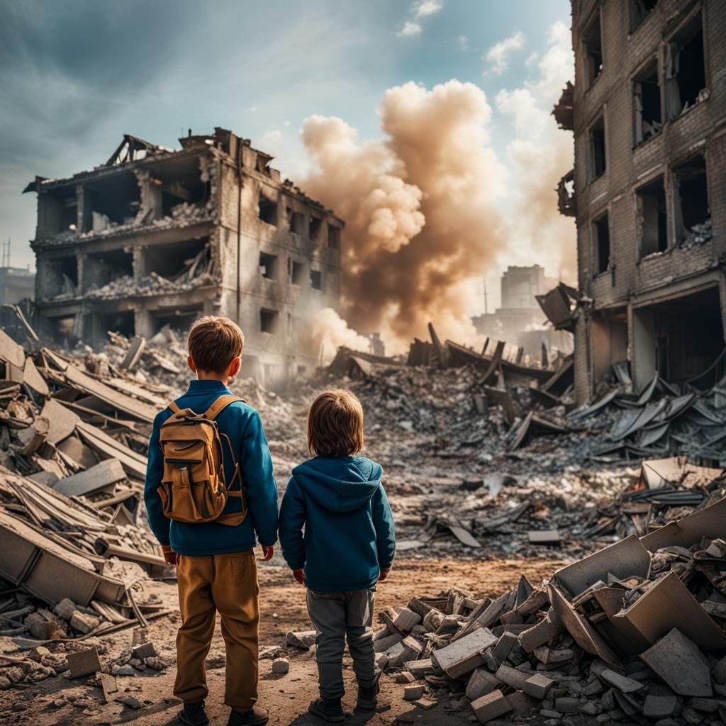 War-Torn Landscape with Crying Children in Hyperrealistic St...