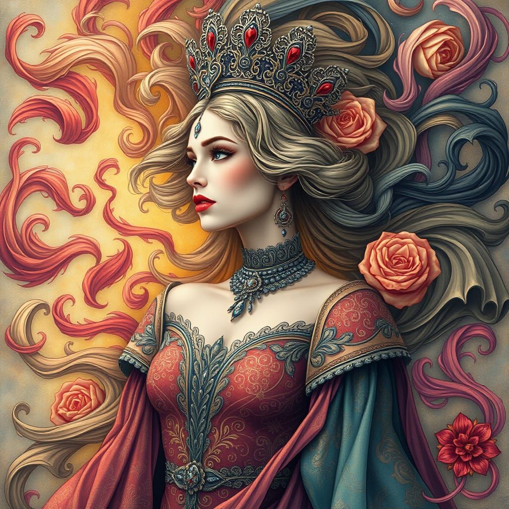 Regal Woman Surrounded by Swirling Emotions