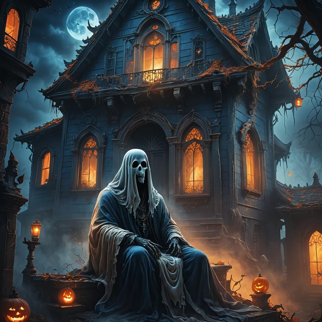 Spooky Ghost Haunts House in Dark Fantasy Art