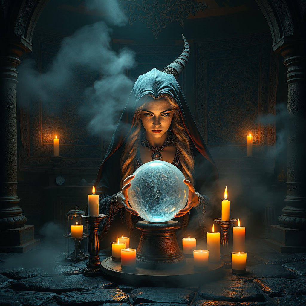 Mystical Fortune Teller in Ethereal Chamber