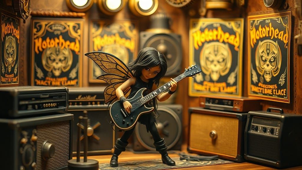 Steampunk Fairy Doll Shreds Guitar in Motörhead Diorama