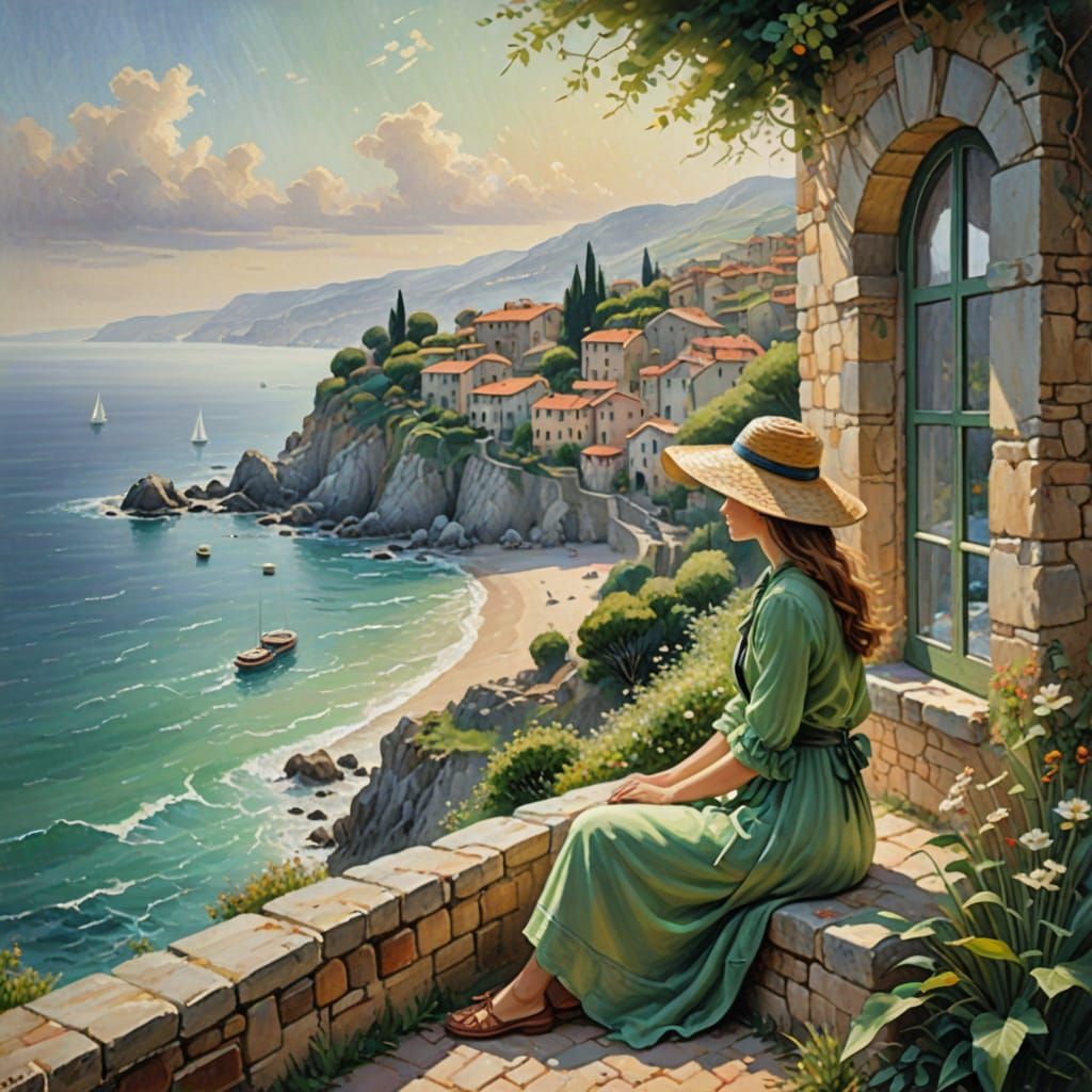 Impressionist Summer Scene with Young Woman and Seaside View