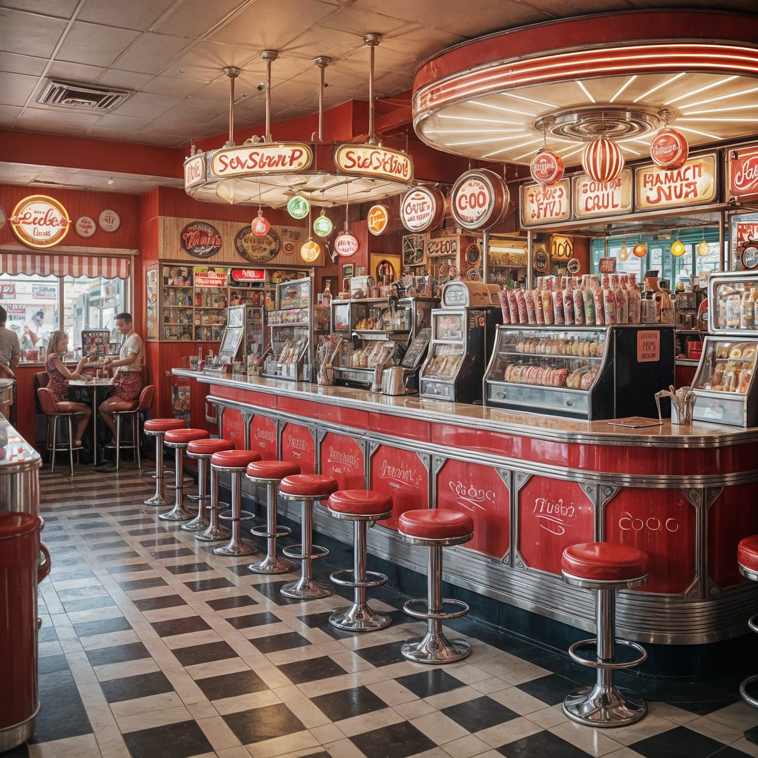 Retro-Futuristic Soda Shop Dreamscape in a Whimsical 1950s S...