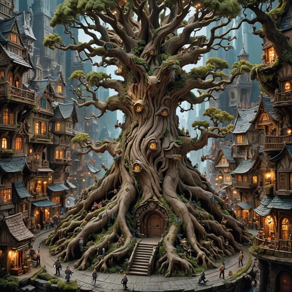 Bustling Troll City Inside Ancient Majestic Tree