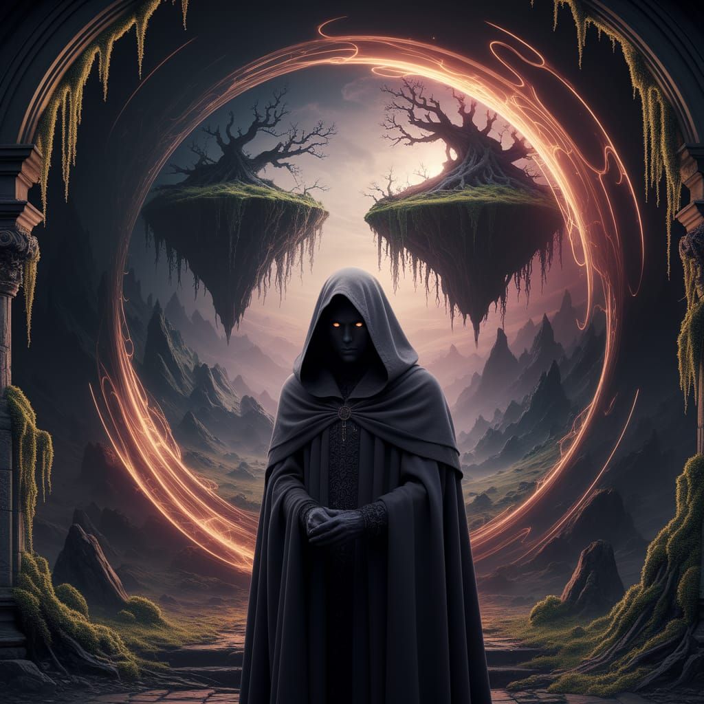 Mysterious Figure at Arcane Portal to Surreal Landscape