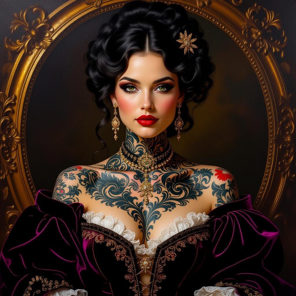 Baroque Portrait of Woman with Swirling Tattoos