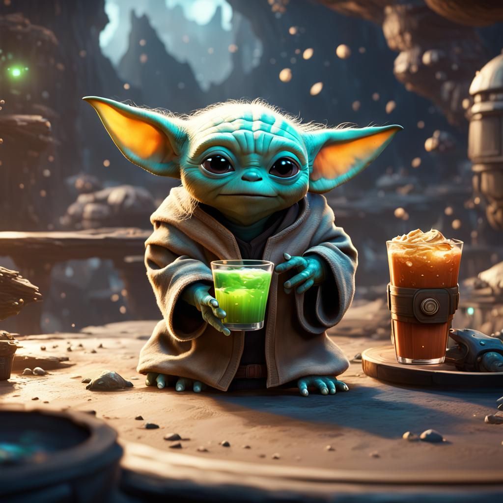 Grogu, Baby Yoda, Drinking, in Disney Style