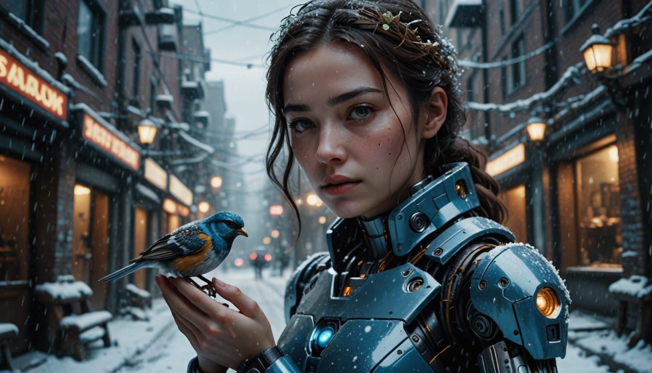 Robotic Woman Holds Snowy Bird in Cinematic Hyper-Realistic ...