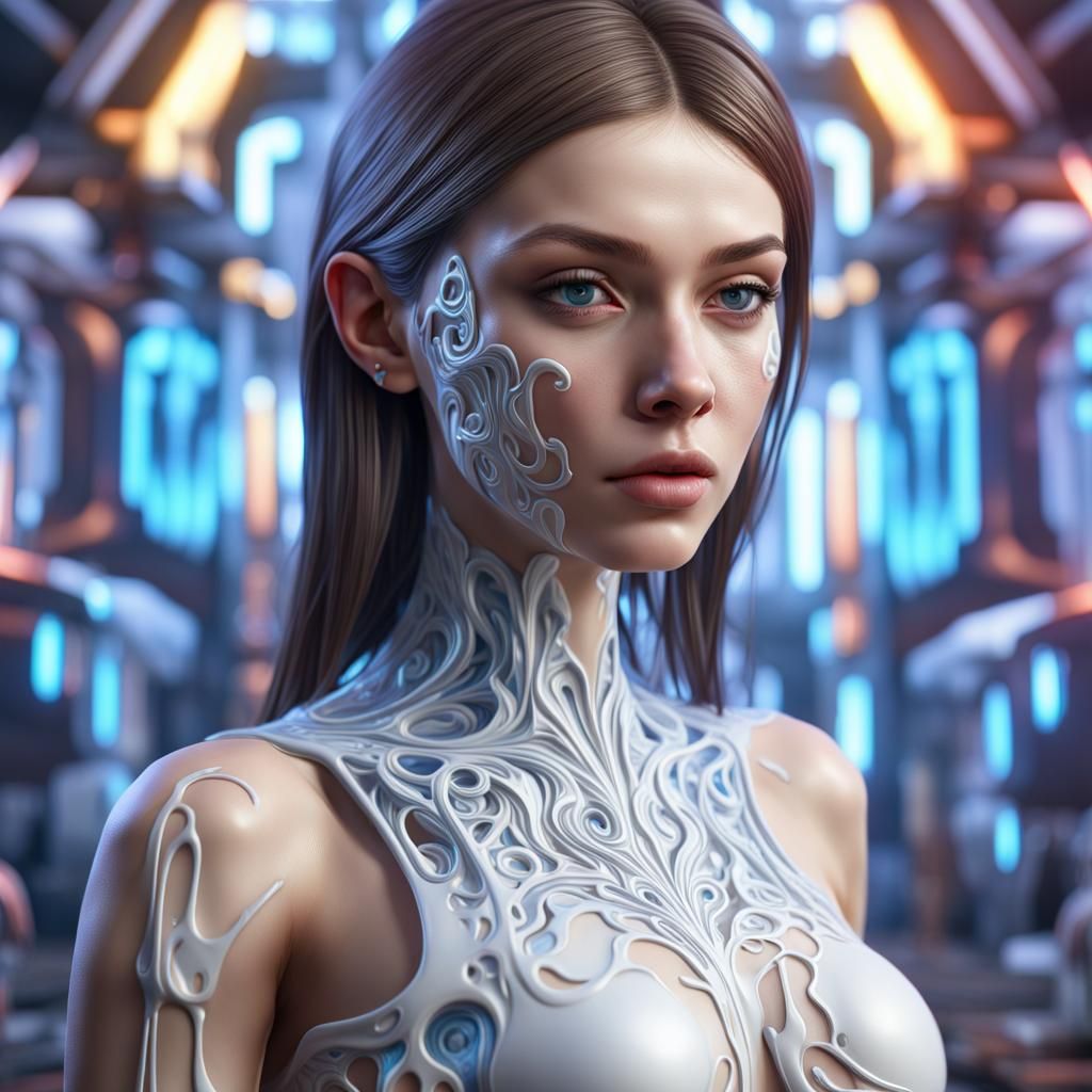 Hyperrealistic Girl with Geometric Abstract Details