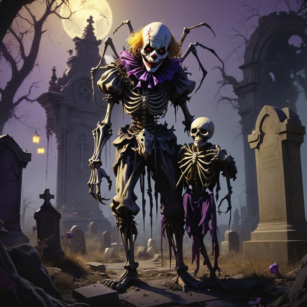 Skeletal Clown in Cemetery: Dark Fantasy Art