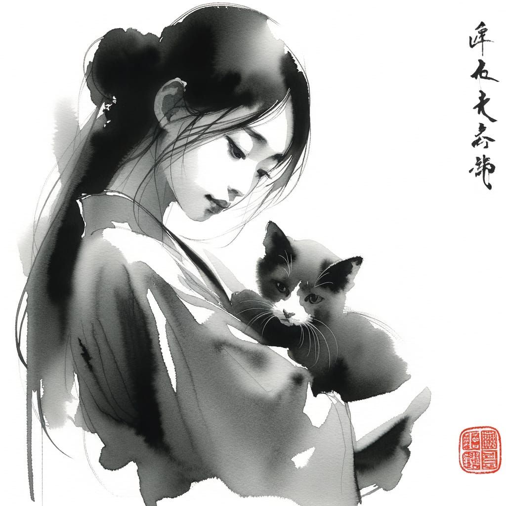 Monochrome Woman with Cat in Sumi-e Style