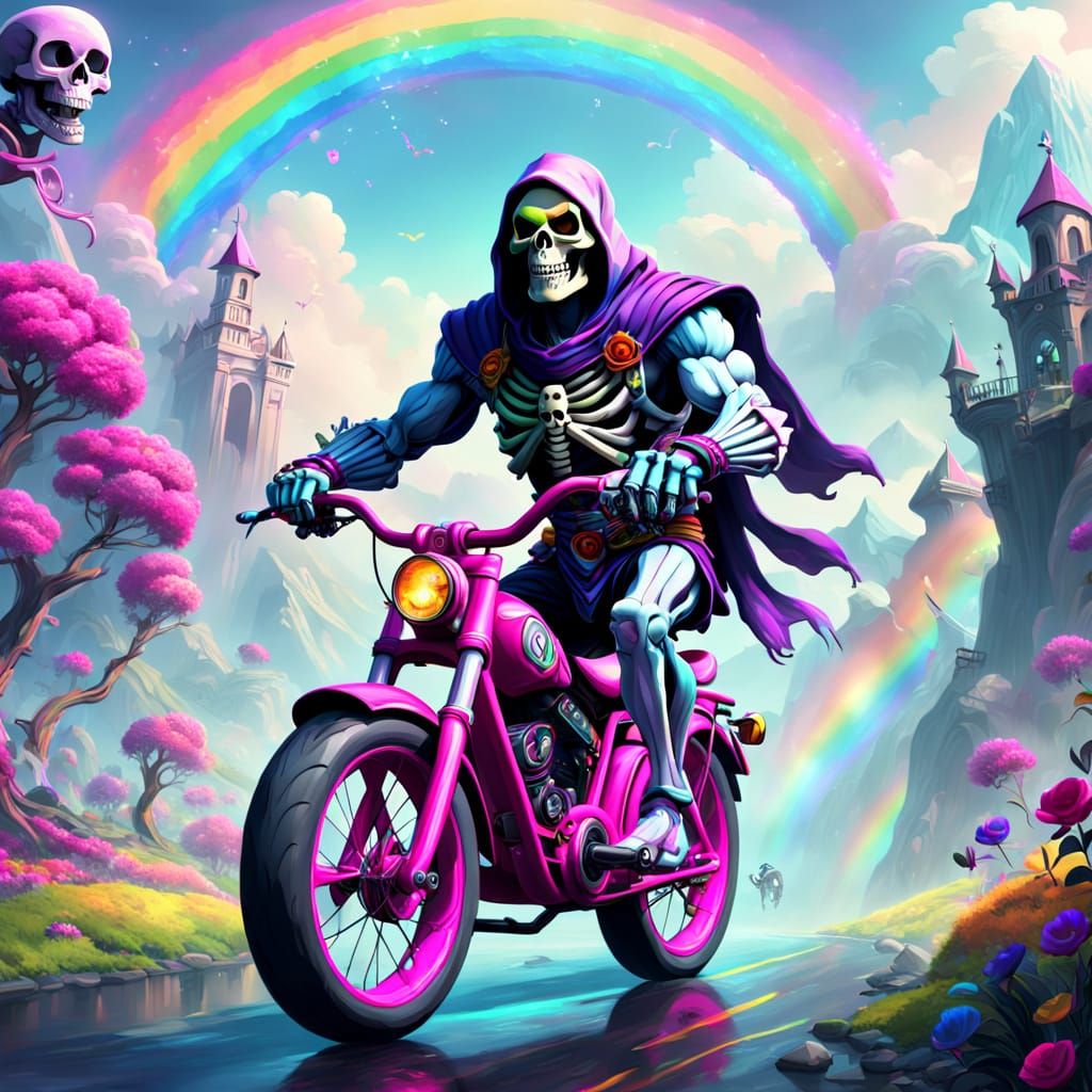 Happy Skeletor Rides Pink Bike Amidst Rainbows