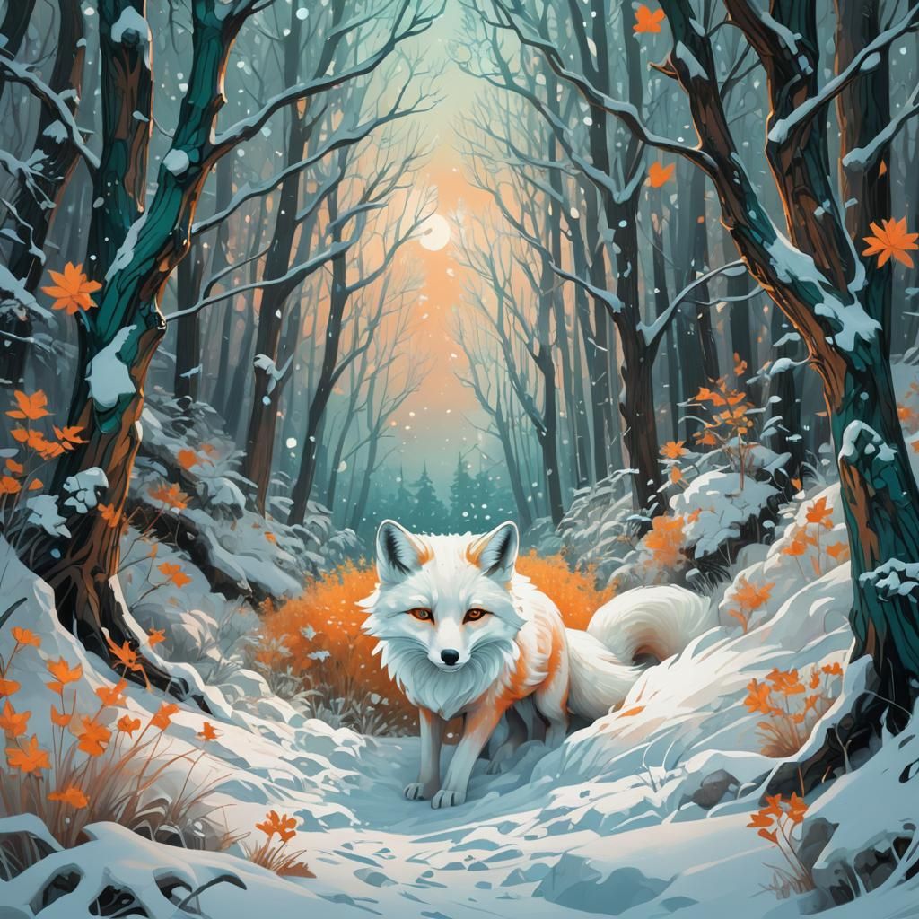 Two-Tailed Fox Emerges in Snowy Forest, Digital Painting