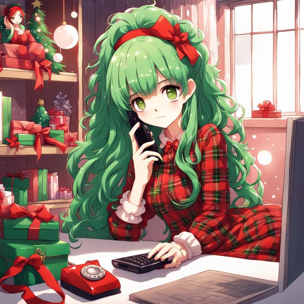Girl With Green Hair in Anime Style Christmas Room