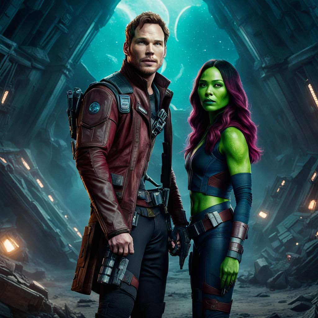 Star Lord and Gamora in a Dreamlike Cosmic Realm